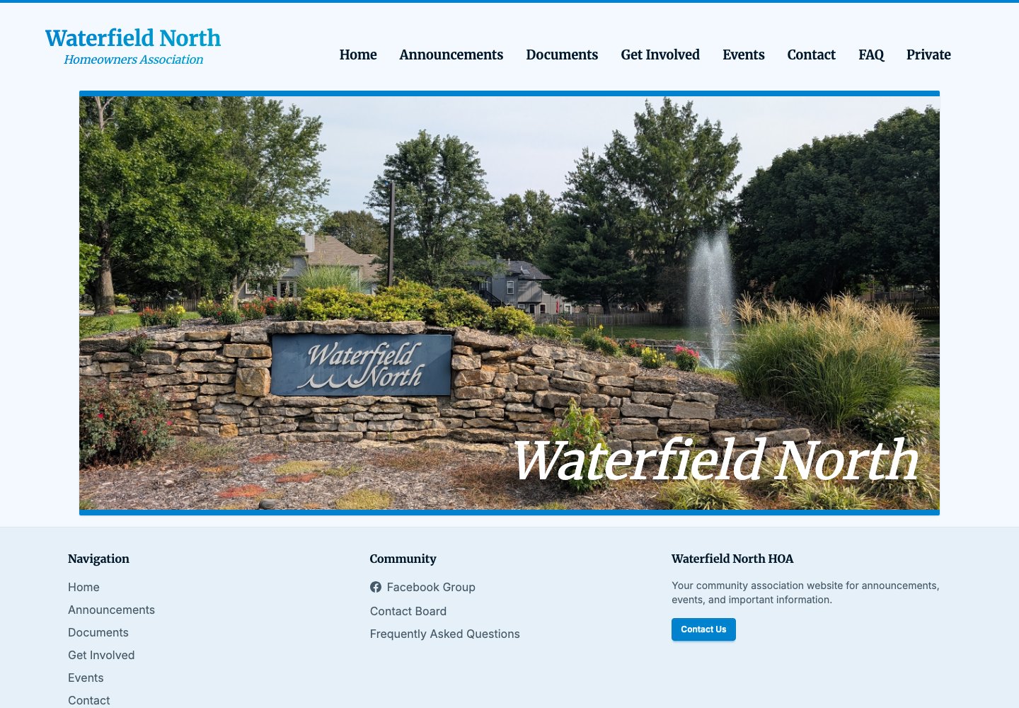 Waterfield North website showing the neighborhood entrance and resident navigation